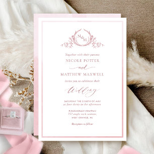 Convites Dusty Rosa Watercolor Monograma Elegante Casamento