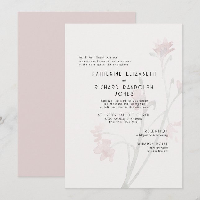 Convites Dusty Rosa Wildflower 2 Venue Casamento (Frente/Verso)