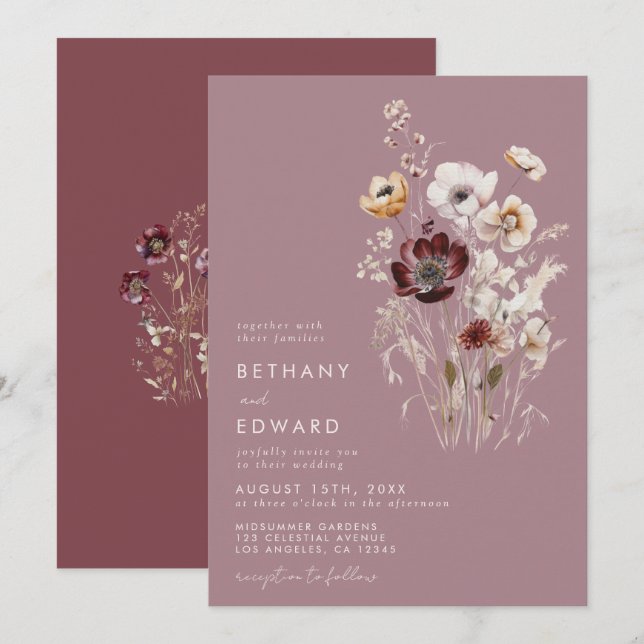 Convites Dusty Rosa Wildflower Wedding (Frente/Verso)