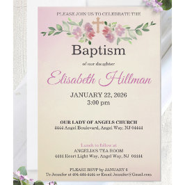 Convites Dusty Rose & Antique Yellow Watercolor Baptism