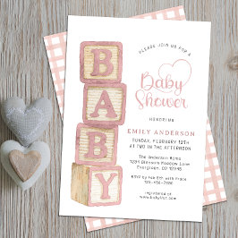 Convites Dusty Rose Baby Blocks Baby Shower Cottage Gingham