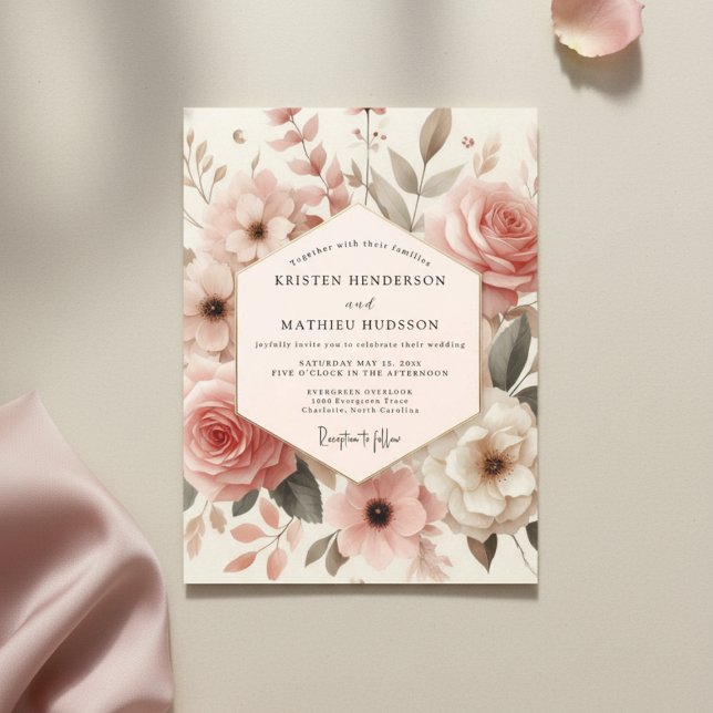 Convites Dusty Rose Bloom Romance Wedding (Criador carregado)