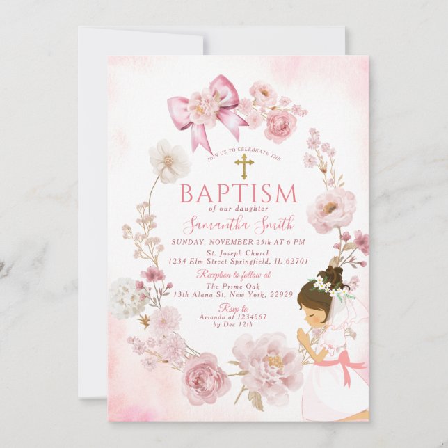 Convites Dusty Rose Dreamy Floral Frame Cross Baptism (Frente)