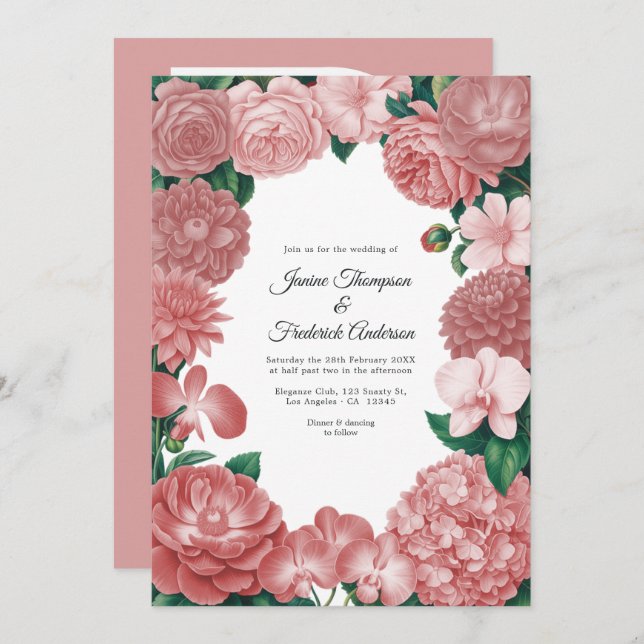 Convites Dusty Rose Floral Photo and QR Code Wedding (Frente/Verso)