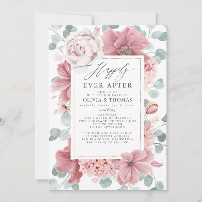 Convites Dusty Rose Flowers Happily Ever After Wedding (Frente)
