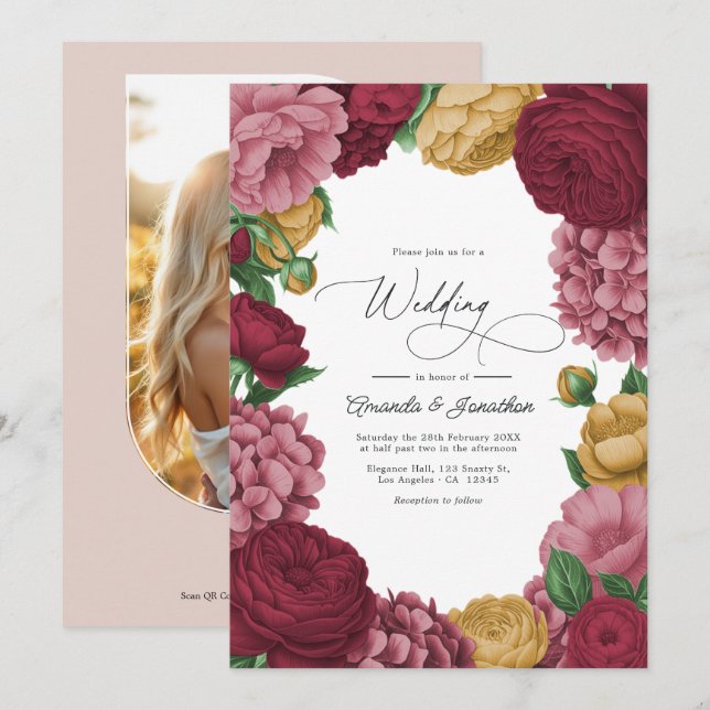 Convites Dusty Rose, Merlot & Antique Gold Floral Wedding (Frente/Verso)