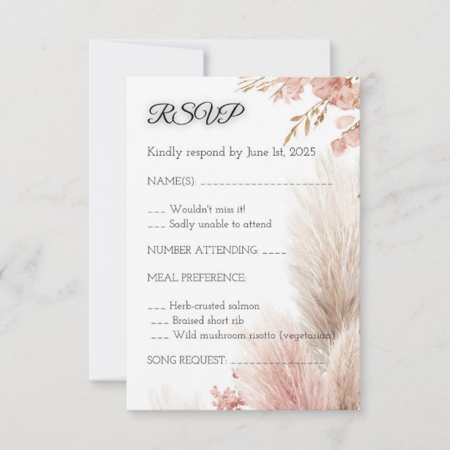 Convites Dusty rose pampas grass RSVP card invitation (Frente)