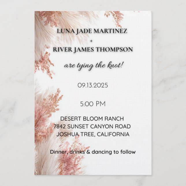 Convites Dusty Rose Pampas Grass Wedding Invitation (Frente)