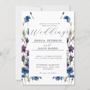 Convites Dusty Royal Blue Roxo Bloom Floral Invit