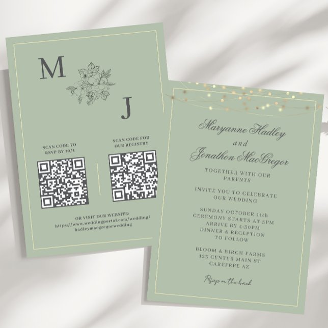 Convites Dusty Sage Elegant Código QR Casamento (Criador carregado)