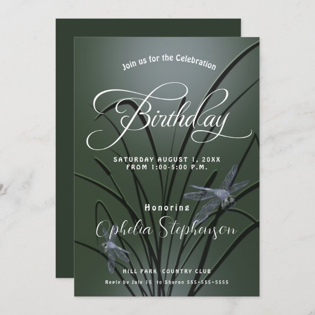 Convites Dusty Sage Green Dragonfly Birthday (Frente/Verso)