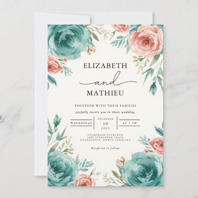 Convites Dusty Teal Bloom Accent Weding (Frente)