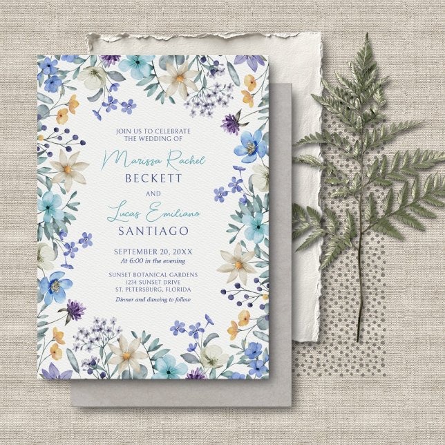 Convites Dusty Teal Blue Lavanda Flores Selvagens Casamento (Criador carregado)