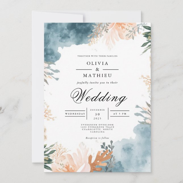 Convites Dusty Teal Floral Abstrato Wedding (Frente)