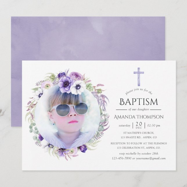 Convites Dusty Violet Floral Baptism (Frente/Verso)