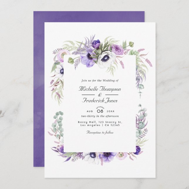 Convites Dusty Violet Floral Código QR RSVP Casamento (Frente/Verso)