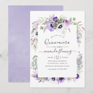 Convites Dusty Violet Floral Quinceañera Aquarela