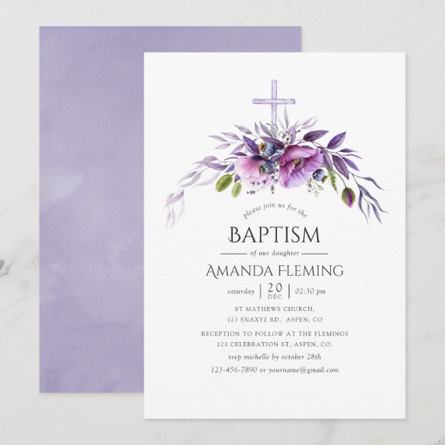 Convites Dusty Violet Poppy Floral Baptism ou Christening (Frente/Verso)