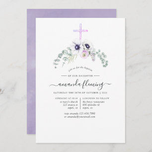 Convites Dusty Violet Poppy Floral Baptism ou Christening