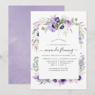Convites Dusty Violet Poppy Floral Baptism ou Christening
