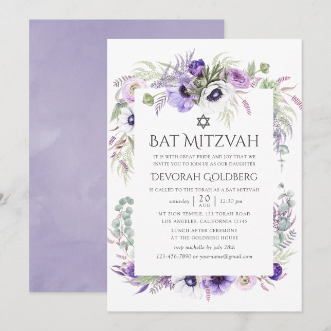 Convites Dusty Violet Watercolor Bat Mitzvah (Frente/Verso)