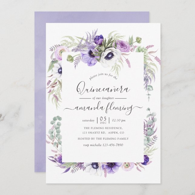 Convites Dusty Violet Watercolor Floral Quinceañera (Frente/Verso)