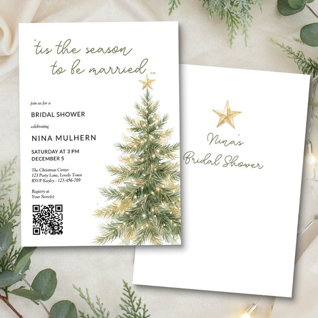 Convites É a Época do Ano Árvore de Natal Chá de Noiva (Tis the Season to be Married Christmas Tree Winter Bridal Shower Invitation by Darling & May)