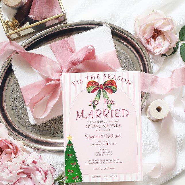 Convites É a Temporada de Casar - Chá de Noiva (Bow Tis The Season To Be Married Festive Bridal Shower Wedding Rehearsal Dinner Engagement Invite)