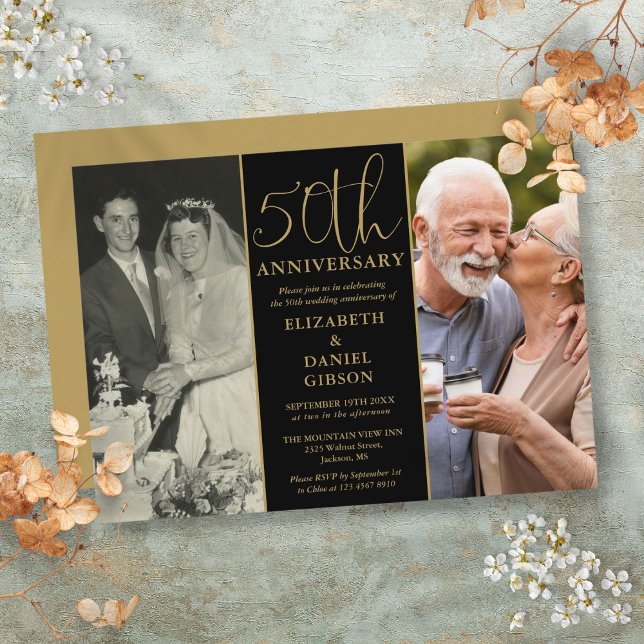 Convites E agora 2 Foto 50º Aniversário de Casamento (Then And Now 2 Photo 50th Wedding Anniversary Invitation)