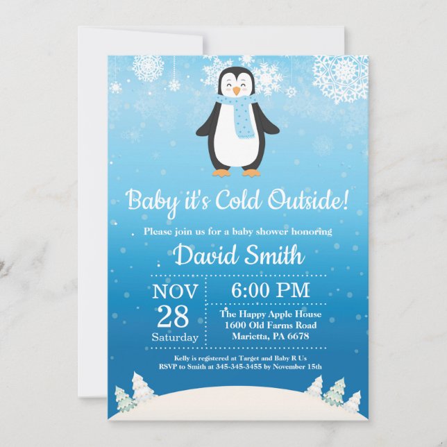Convites É frio lá fora, Chuveirinho de Bebê de Pinguim de  (Frente)