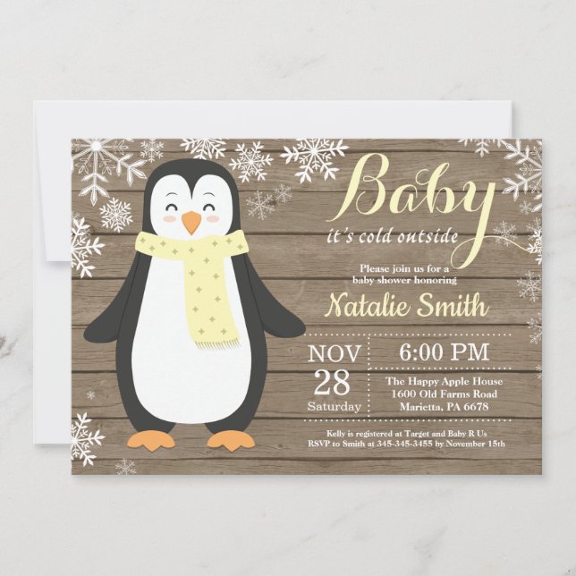 Convites É frio lá fora Chuveiro de Bebê Pinguim Rústico (Frente)