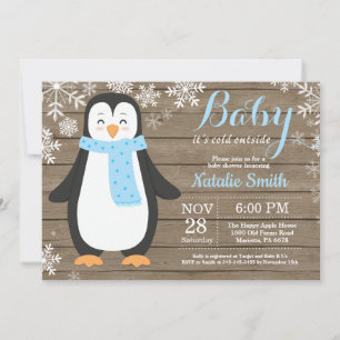 Convites É frio lá fora Chuvinha de Bebê Pinguim Rústico