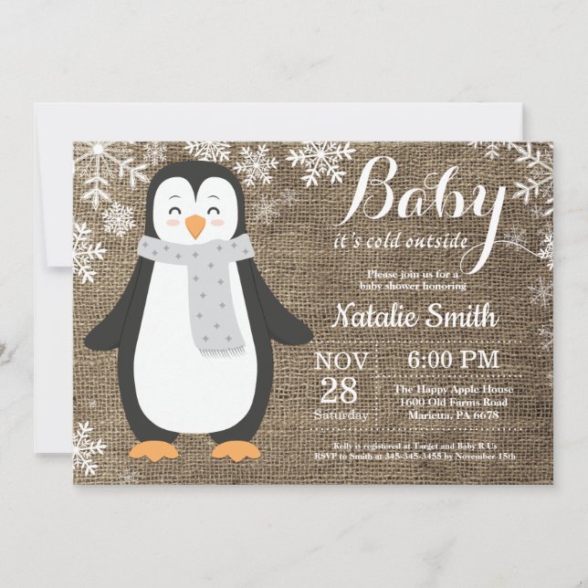 Convites É frio lá fora Pinguim de juta Chuvinha de bebê (Frente)