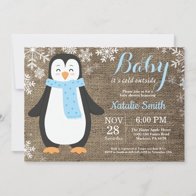 Convites É frio lá fora Pinguim de juta Chuvinha de bebê (Frente)