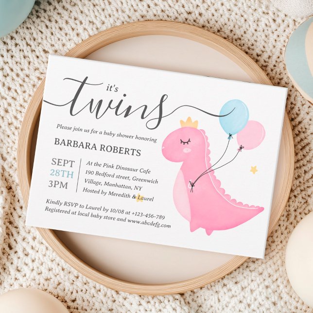 Convites É Gêmeos Menino Menina Chuvinha de Bebê Dinossauro (It's Twins Boy and Girl Pink Dinosaur Baby Shower Invitation)