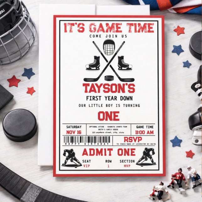 Convites É hora do hóquei! Festa de 1º aniversário (It’s Game Time Hockey 1st Birthday Party Invitation
)