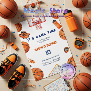 Convites É Hora do Jogo Aquarela Basquete Aniversário