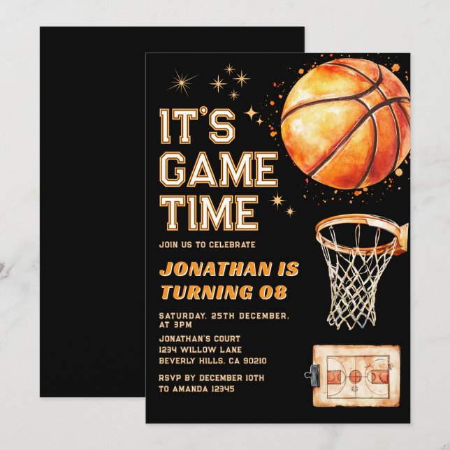 Convites É hora do jogo Basquete de aniversário para qualqu (Frente/Verso)