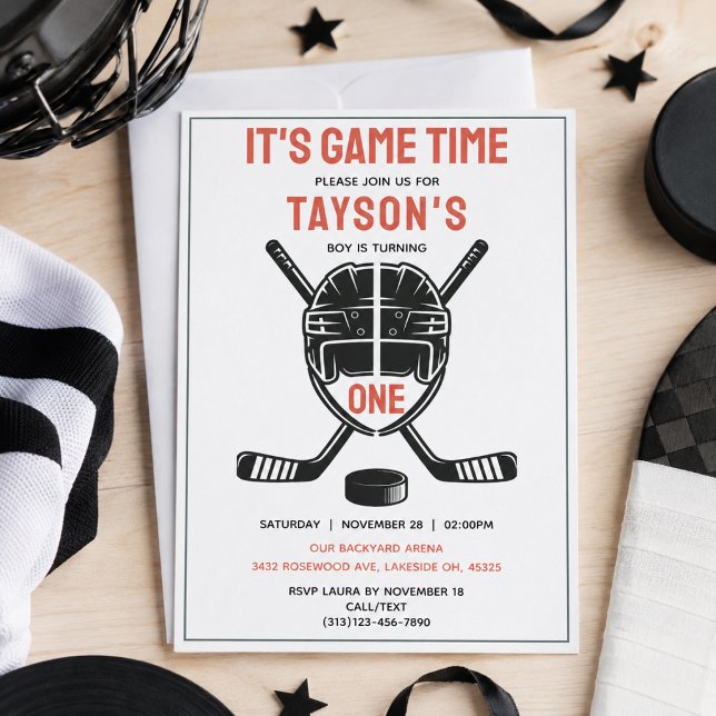Convites É hora do jogo de hóquei, festa de 1º aniversário (It’s Game Time Hockey 1st Birthday Party Invitation
)