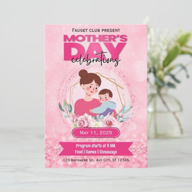 Convites E-Invite Dia de as mães de Aquarela Rosa (Em pé/Frente)