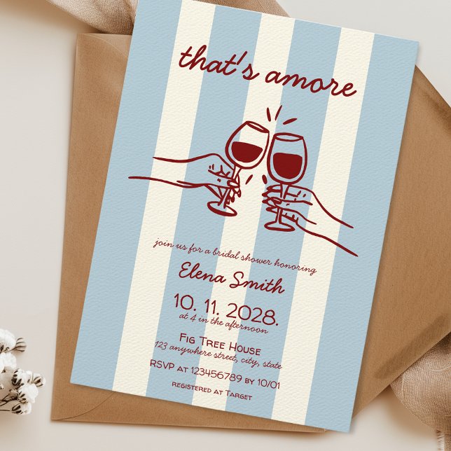 Convites É mais uma mão de Chá de panela de vinho italiana  (that's amore bridal shower invitation hand drawn Italian inspired co-ed shower red blue wine pizza)