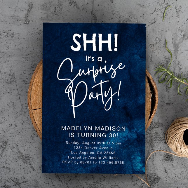 Convites É! Marinho Surpresa Blue Watercolor (SHH! Surprise Birthday Party Navy Blue Watercolor Invitation
)