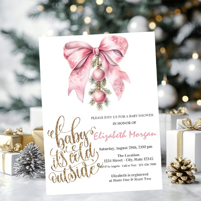 Convites É Natal Bolas de Natal Laço Rosa Frio Chás de Bebê (Criador carregado)