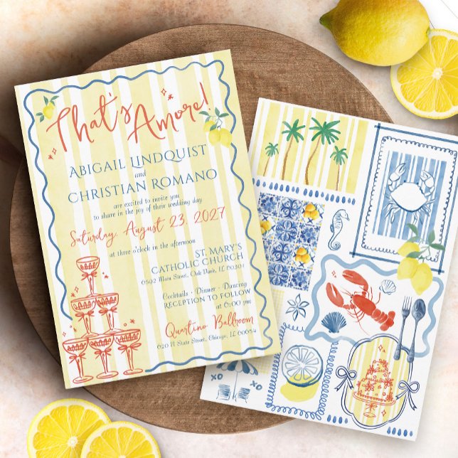 Convites É o Casamento Costeiro Azul com Limões Italianos (Hand drawn Italian blue and yellow striped coastal ocean mediterranean tiles lemon wedding invite)