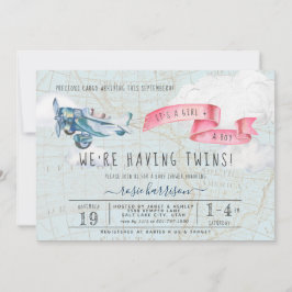 Convites É Twins Boy Girl | Chá de fraldas de avião Vintage