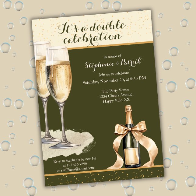 Convites É um Aniversário Champanhe Verde de Dupla Celebraç (Criador carregado)