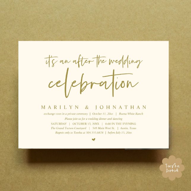Convites É um após a celebração do casamento, janto (It's an after the wedding party, Modern Romantic Dinner Celebration Invitation Card PDF Yellow Gold)