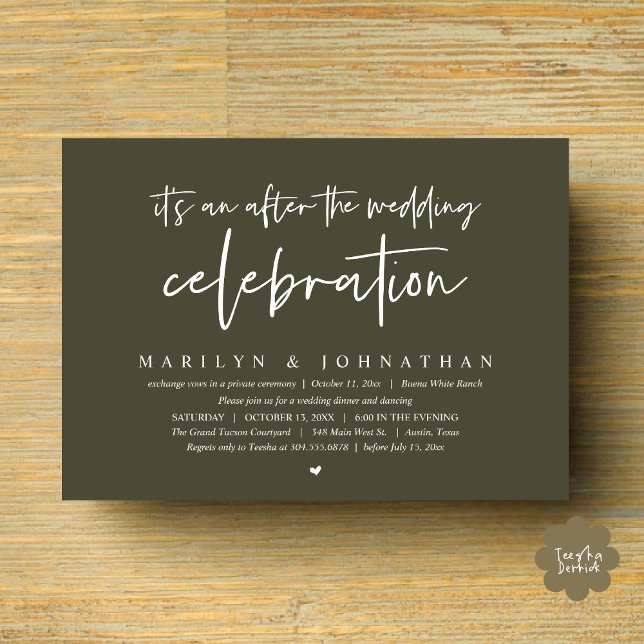 Convites É um após a celebração do casamento, janto (It's an after the wedding party, Modern Romantic Dinner Celebration Invitation Card PDF Olive Green)