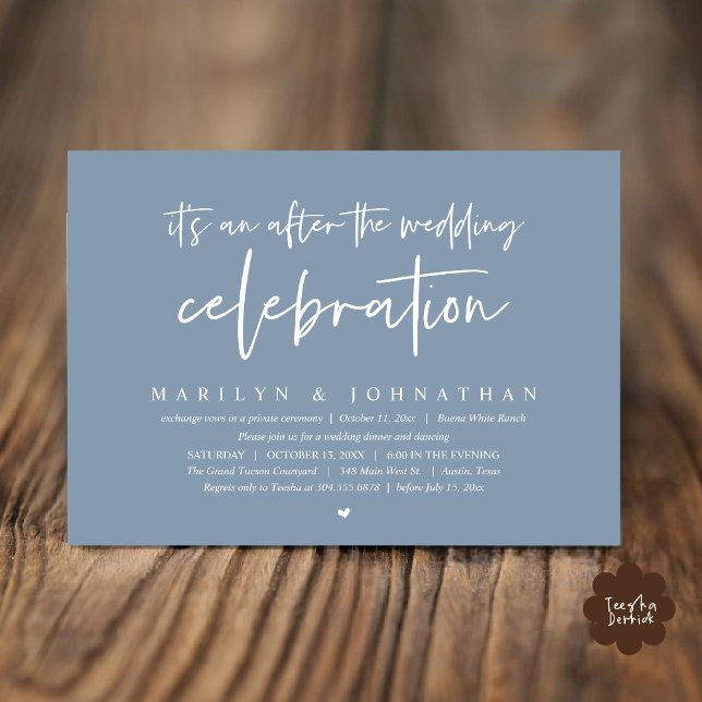 Convites É um após a celebração do casamento, janto (It's an after the wedding party, Modern Romantic Dinner Celebration Invitation Card PDF Dusty Blue)