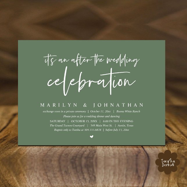 Convites É um após a celebração do casamento, janto (It's an after the wedding party, Modern Romantic Dinner Celebration Invitation Card PDF Sage Green)